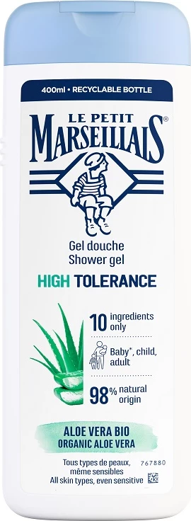 Vlažilni gel za tuširanje z visoko toleranco in organsko aloe vero, Le Petit Marseillais, 400 ml