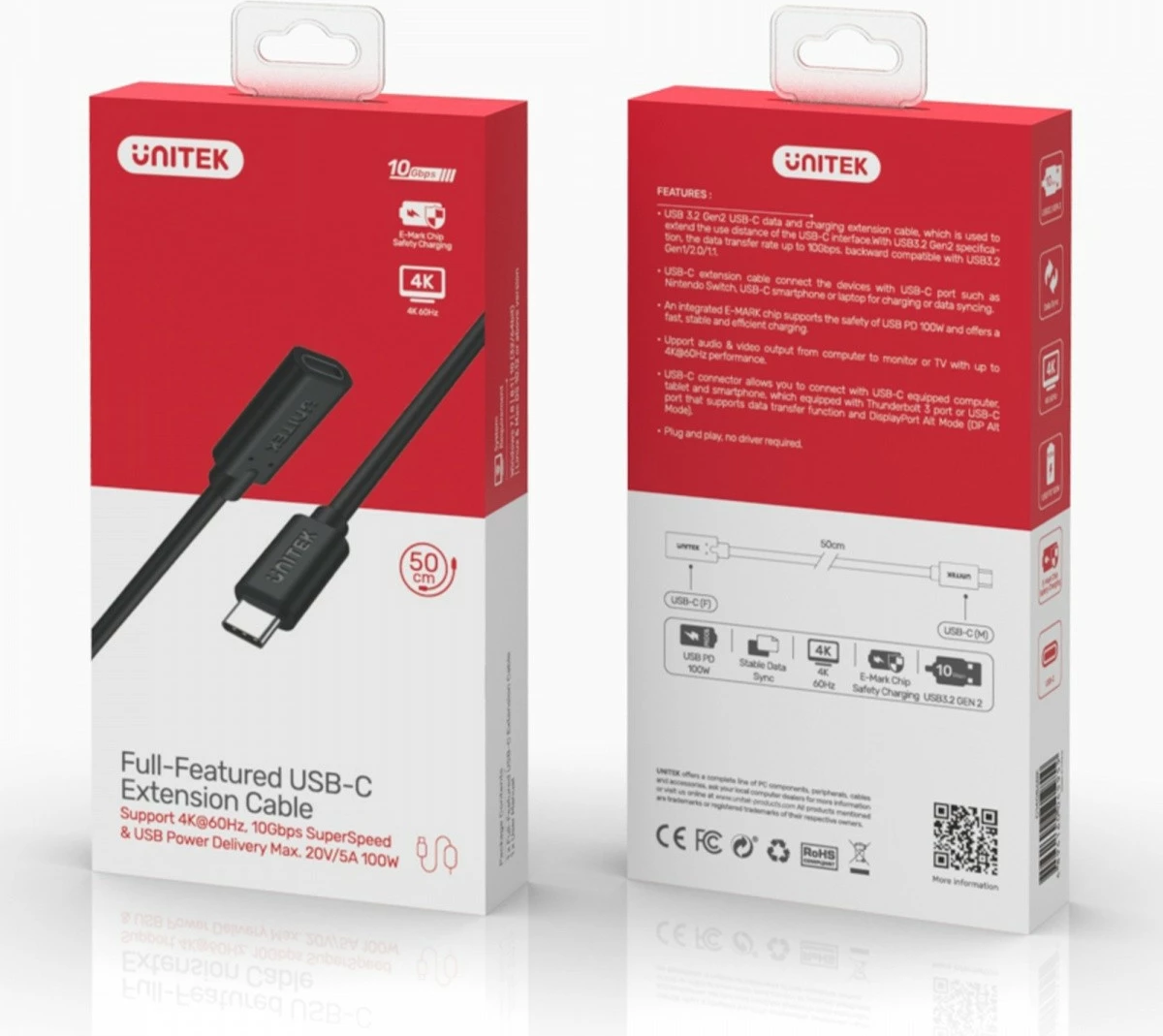 Podaljševalni USB-C kabel 0,5 m, USB 3.1 Gen 2, 100W, črn Unitek C14086BK