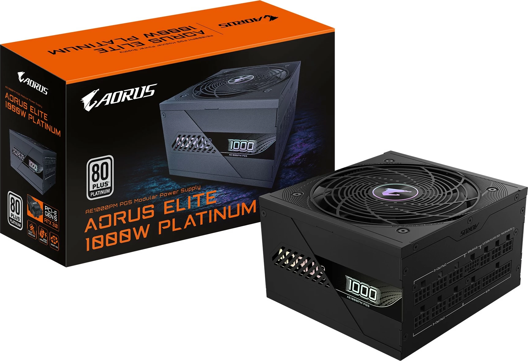 Napajalnik, 1000 W, 80 PLUS Platinum, popolnoma modularen — Gigabyte AORUS ELITE P1000W ICE, PCIe 5.0