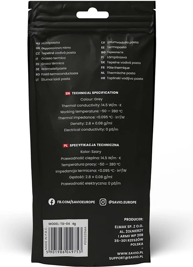 Toplotna pasta Savio Glacier TG-04, 4 g, 14.5 W/mK, siva