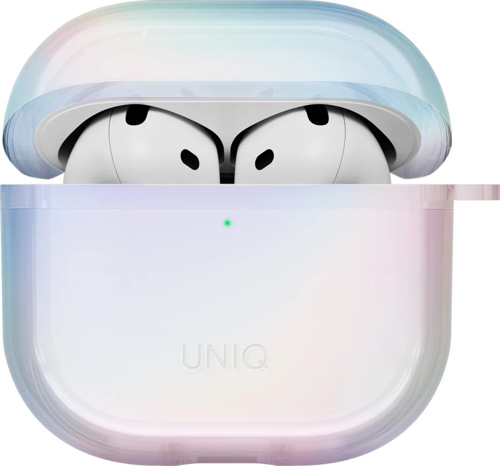 Holografski zaščitni ovoj za AirPods 4 UNIQ Iridescia, s karabino, Holo bela