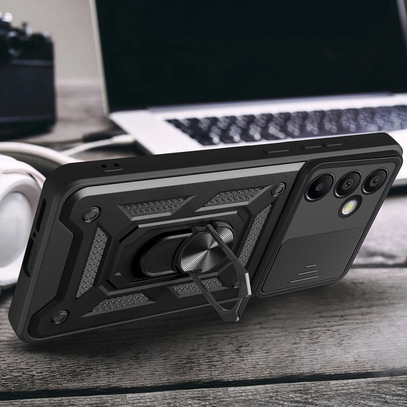 Ovitek z zaščito kamere Hurtel Hybrid Armor Camshield za Samsung Galaxy A56, črn