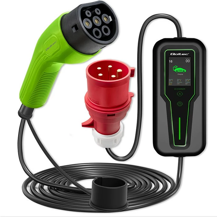 Prenosni polnilec za električne avtomobile Qoltec 52466, 7 kW, Type 2, LCD, 5 m, črno/zelen
