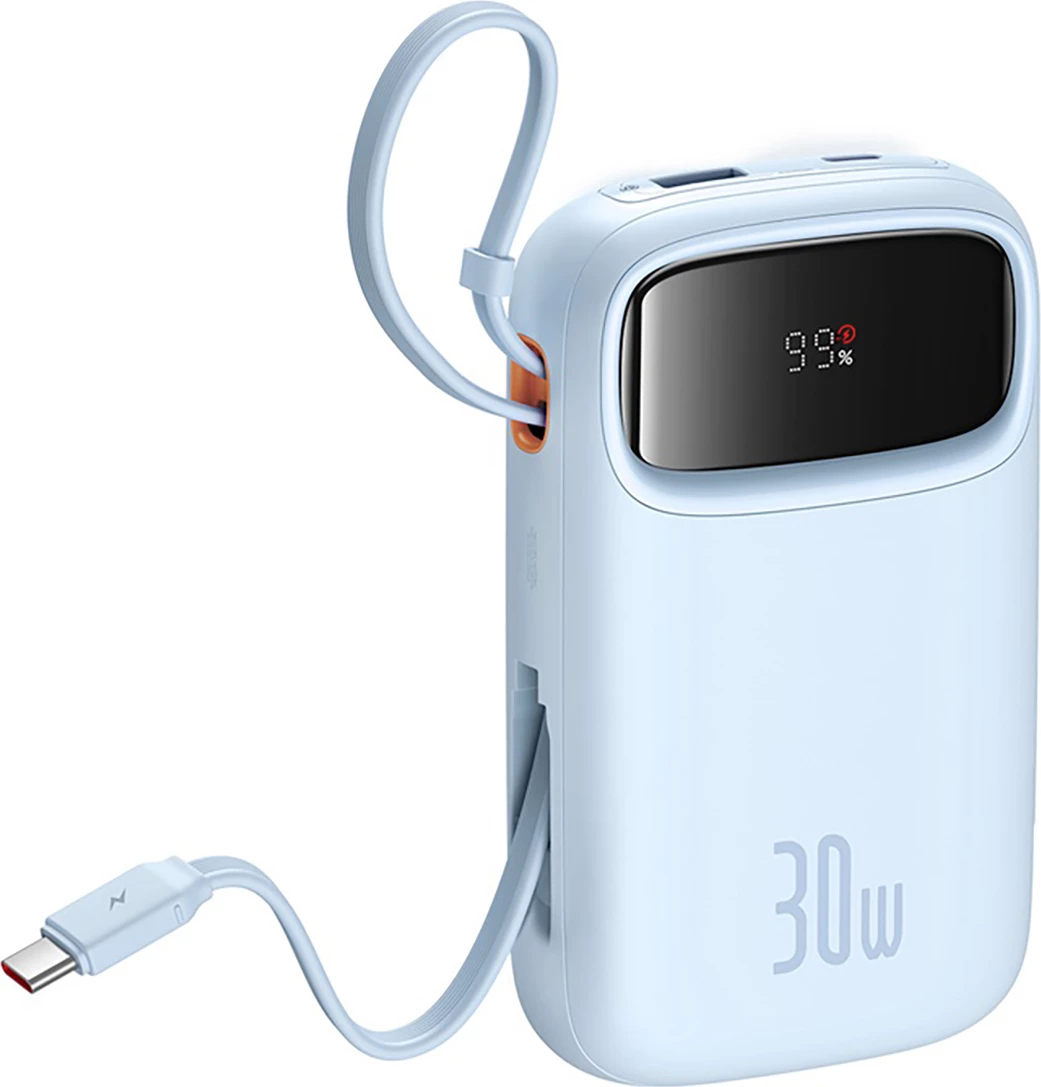 Kompakten powerbank, Baseus QPow 2, 10000 mAh, 30 W, z integriranim kablom USB-C, moder