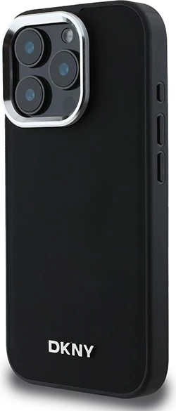 Ovitek za telefon MagSafe s srebrnim logotipom DKNY za iPhone 16 Pro, črn