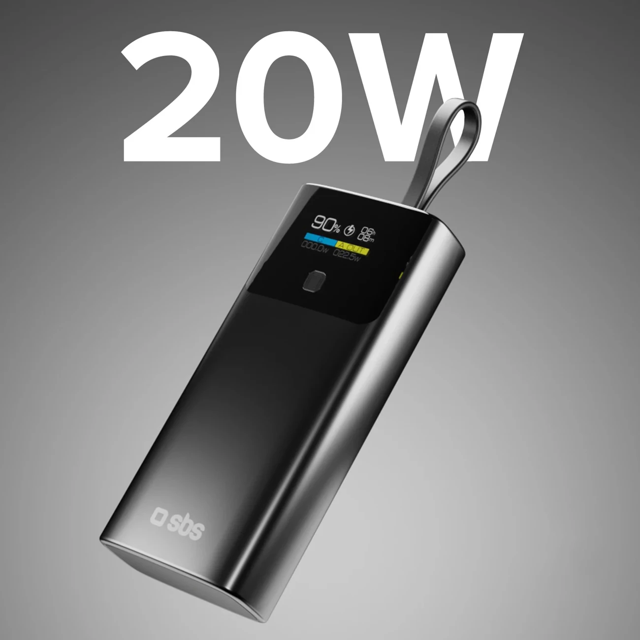 Powerbank 10000 mAh z LCD, PD 20W, z vgrajenim kablom USB-C, SBS, siv