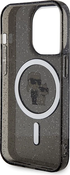 Ovitek z bleščicami Karl Lagerfeld Karl&Choupette MagSafe za iPhone 15 Pro, črn