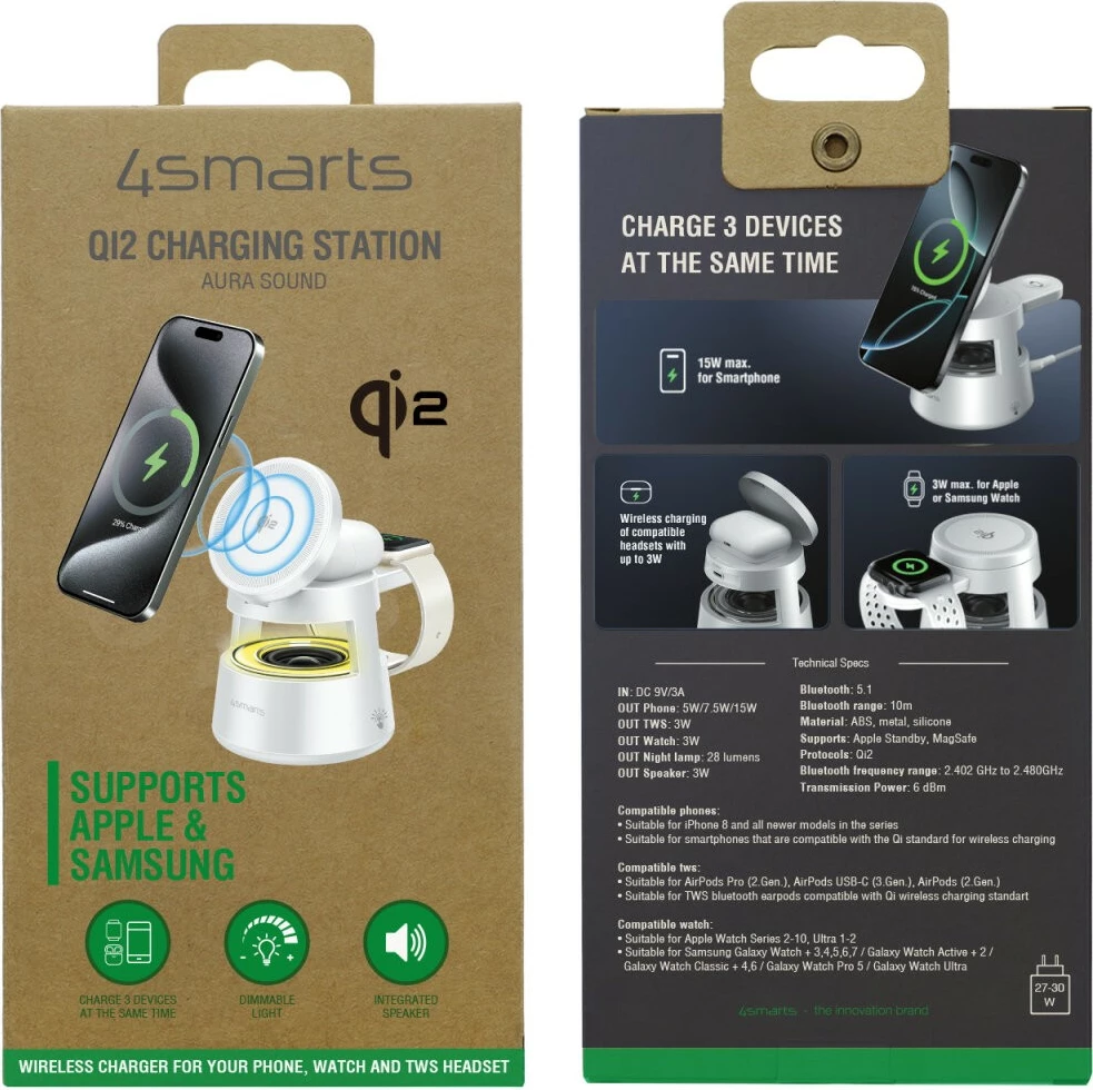 Brezžični polnilec z zvočnikom 4smarts Aura Sound, Qi2, Bluetooth 5.1, 15W, bel