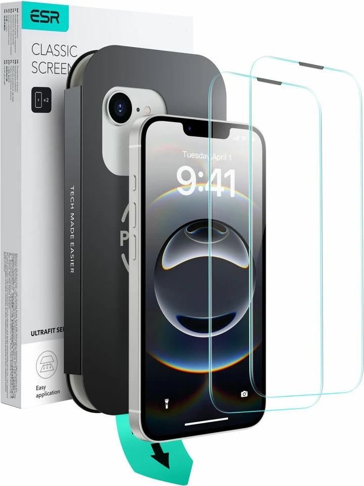 Kaljeno zaščitno steklo za iPhone 13 / 13 Pro / 14 / 16e, 2 kosa, ESR UltraFit