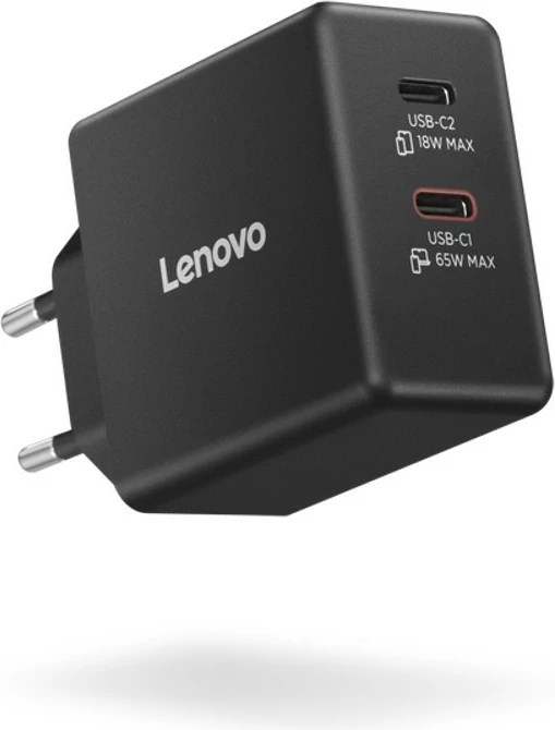 Stenski polnilec GaN z dvema USB-C, Lenovo 40AW065BEU, 65 W, z USB-C kablom 1,5 m, črn
