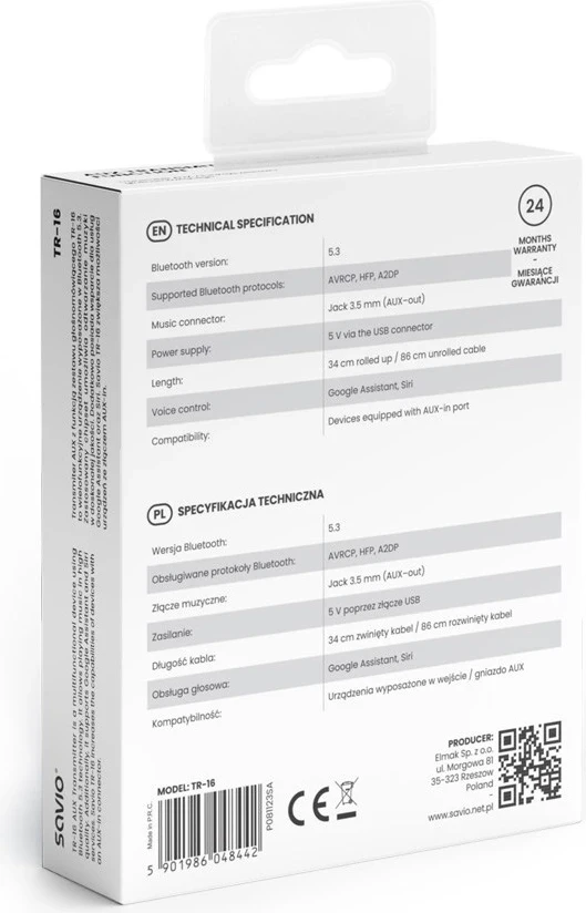 Adapter za brezžični prenos Savio TR-16, prostoročno, Bluetooth 5.3, Google/Siri