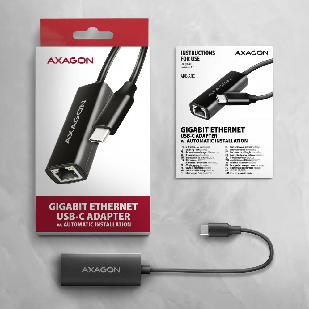 Omrežni adapter AXAGON ADE-ARC, USB-C 3.2 Gen 1 na Gigabit Ethernet, črn