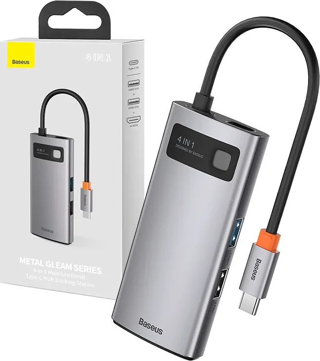 Adapter za več vmesnikov 4in1 Baseus Metal Gleam Series, CAHUB-CY0G, USB-C na USB 3.0 + USB 2.0 + HDMI + USB-C PD, siva