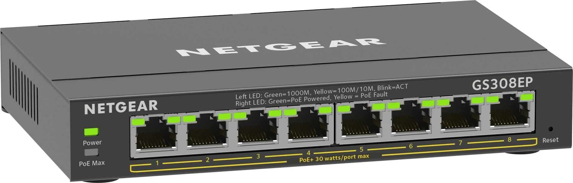 Upravljen L2/L3 switch NETGEAR GS308EP, 8-portni Gigabit Ethernet PoE+, črn