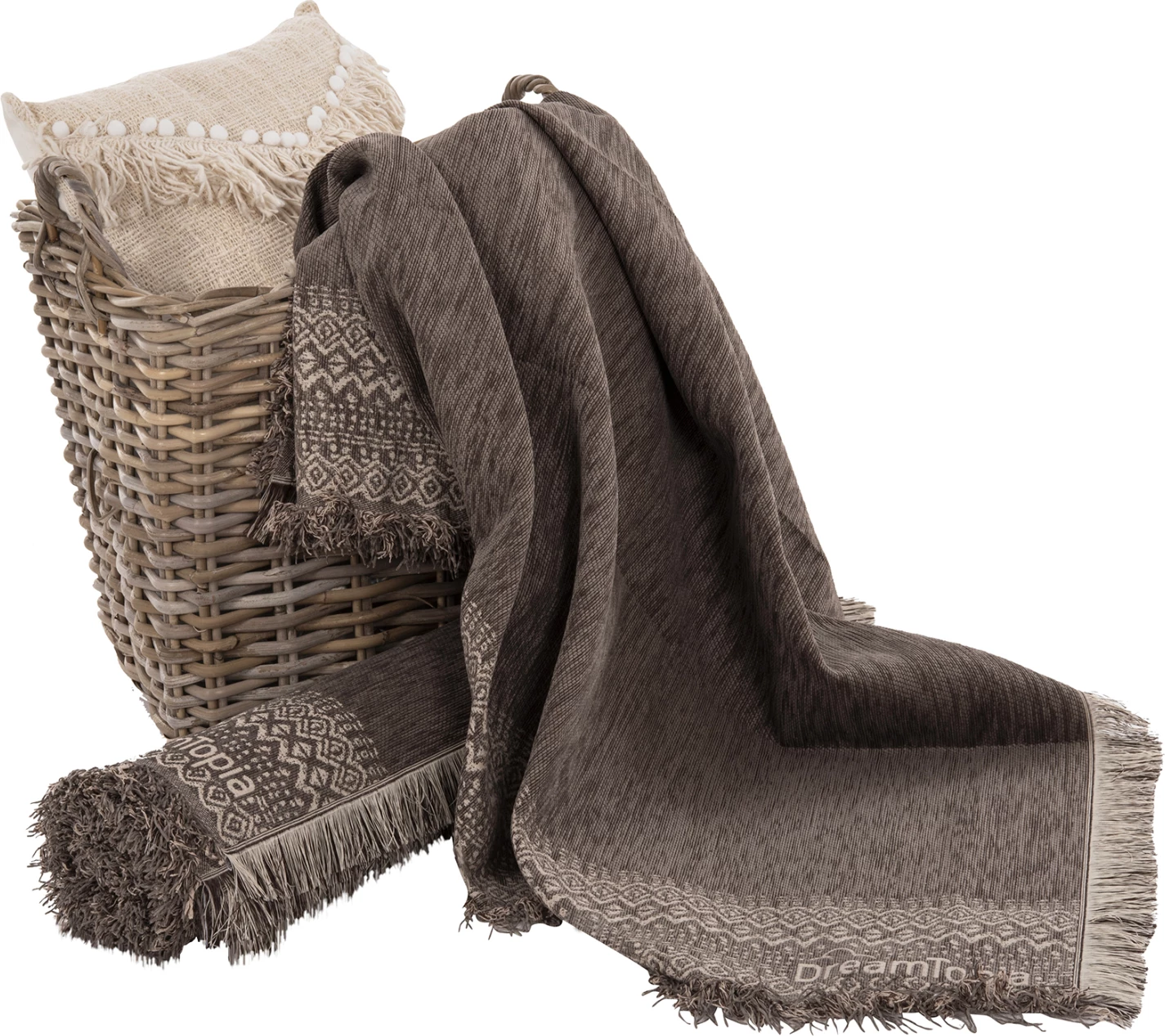 Prevleka za kavč - pregrinjalo s franžami DREAMTOPIA FH12165.04 v rjavi barvi 295x170 cm