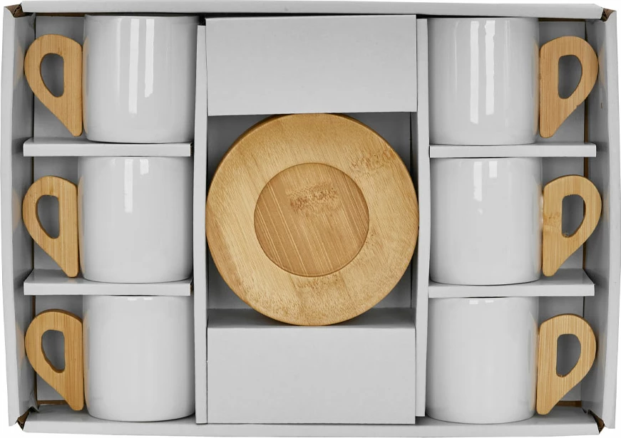 Set za espresso, 6 kosov, bel porcelan z naravnim bambusom, 29x21x7 cm