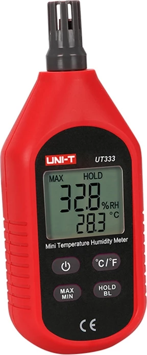 Merilec temperature in vlažnosti, UNI-T UT333, razpon -10°C–60°C in 0–100% RH, osvetljen zaslon, MAX/MIN, Data Hold