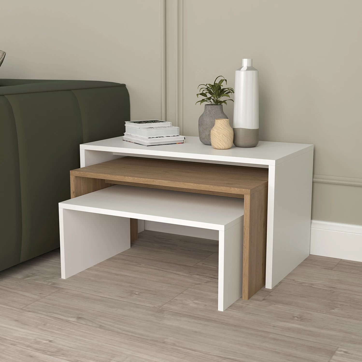 Komplet klubske mizice 3 kos BENTIL FH9444.11 melamin v sonoma-beli 65x35x45Hcm