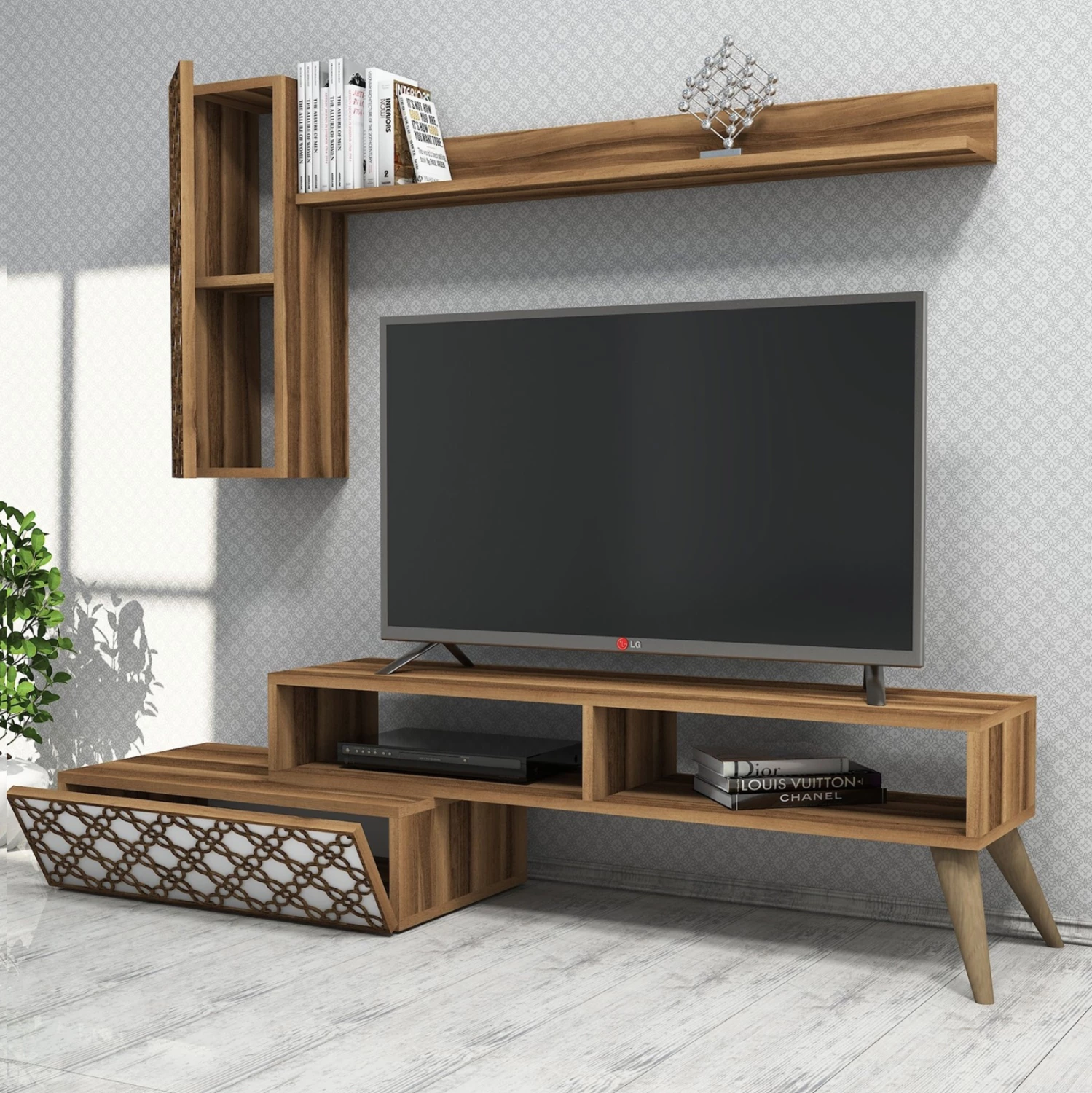 Komplet pohištva za TV FH9518.04 iz melamina v barvi oreha in bele barve 150x37.2x37.8Hcm