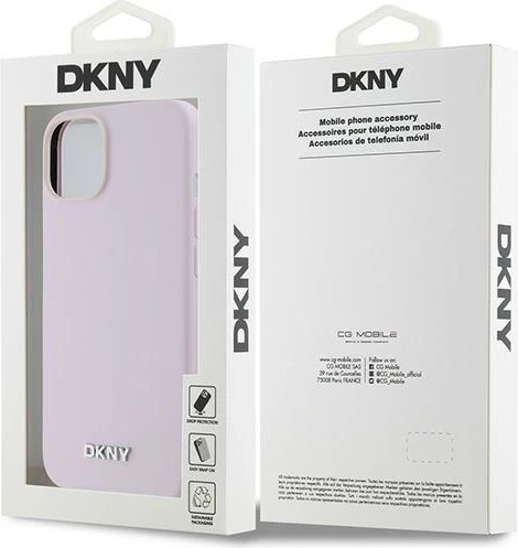 Ovitek iz tekočega silikona z majhnim kovinskim logotipom DKNY MagSafe za iPhone 14/15/13, rožnat