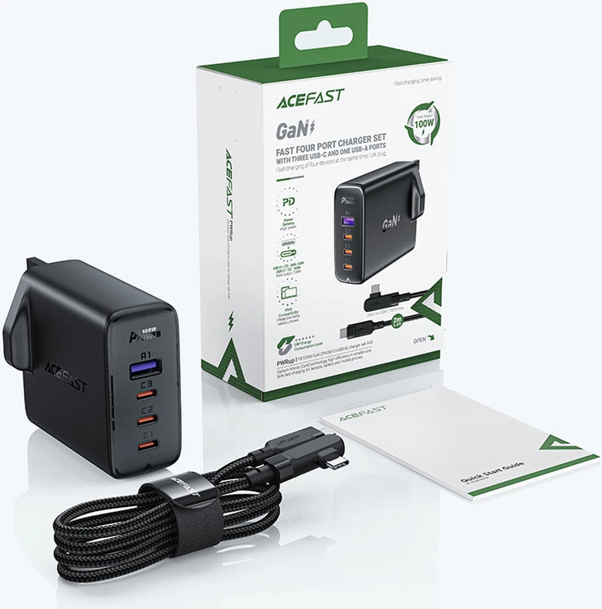 Hitri zidni polnilec Acefast A40, 100 W, 3x USB-C, 1x USB-A, GaN, z USB-C kablom, UK vtič, črn