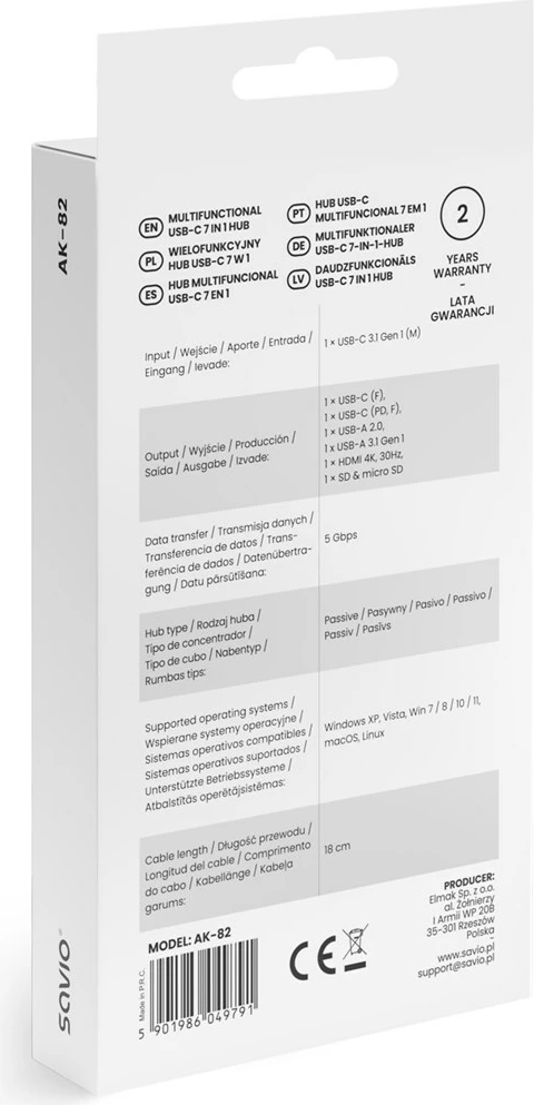 USB-C razdelilnik Savio AK-82, 7 priključkov, 4K Ultra HD, črn