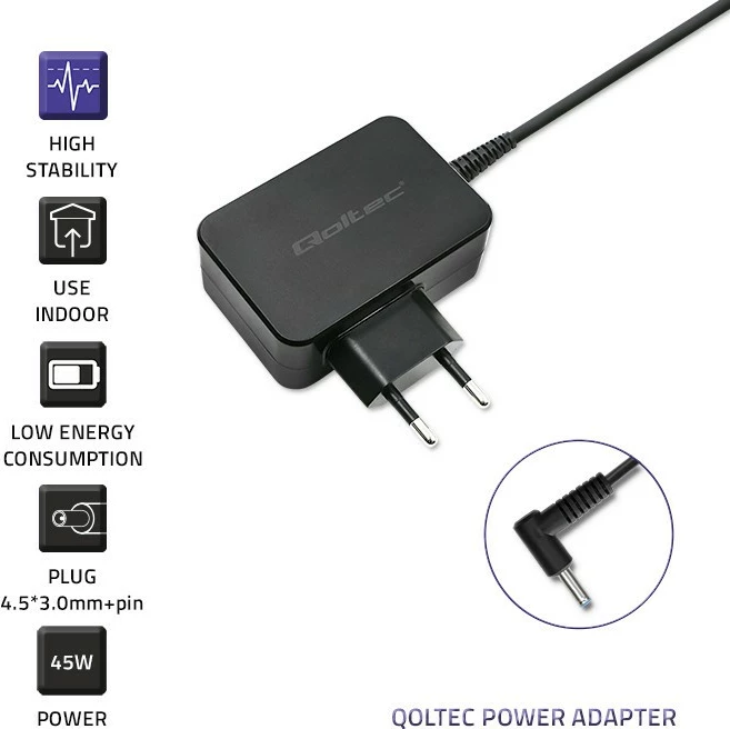 Adapter za napajanje za ultrabook Qoltec 51033, 45 W, 19,5 V, 2,31 A, 4,5x3,0+pin, črn