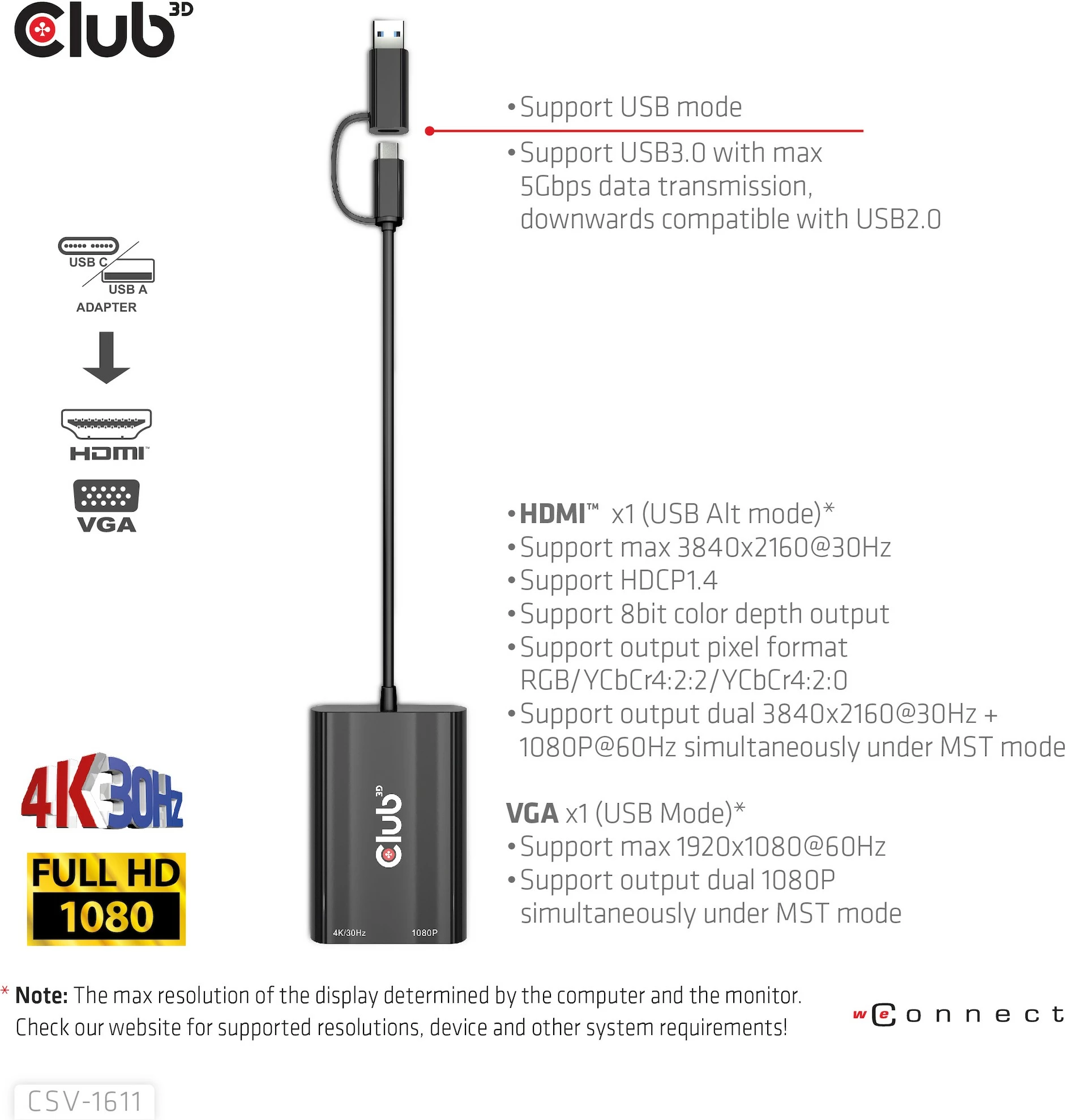 Adapter za USB Type-C/A na HDMI/VGA, 4K, črn - Club3D