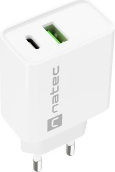 Omrežni polnilec Natec Ribera NUC-2061, 20 W, 1x USB-A + 1x USB-C, bel
