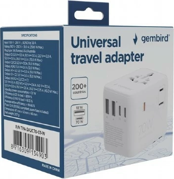Univerzalni potovalni adapter, Gembird TPA-2A3C70-01-W, 70 W GaN, USB-C PD + USB-A QC, univerzalna AC vtičnica, bela