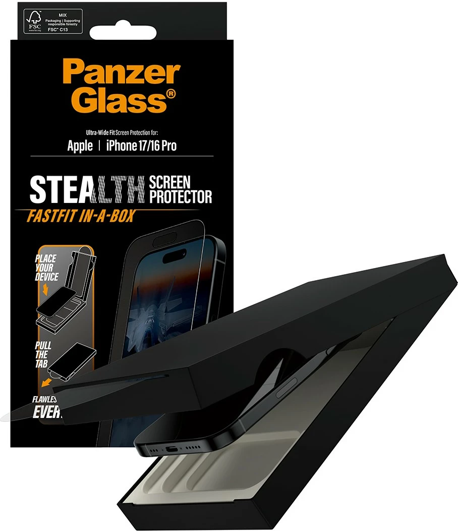 Zaščita zaslona PanzerGlass Stealth za iPhone 17 in iPhone 16 Pro, Ultra-Wide Fit, črn okvir