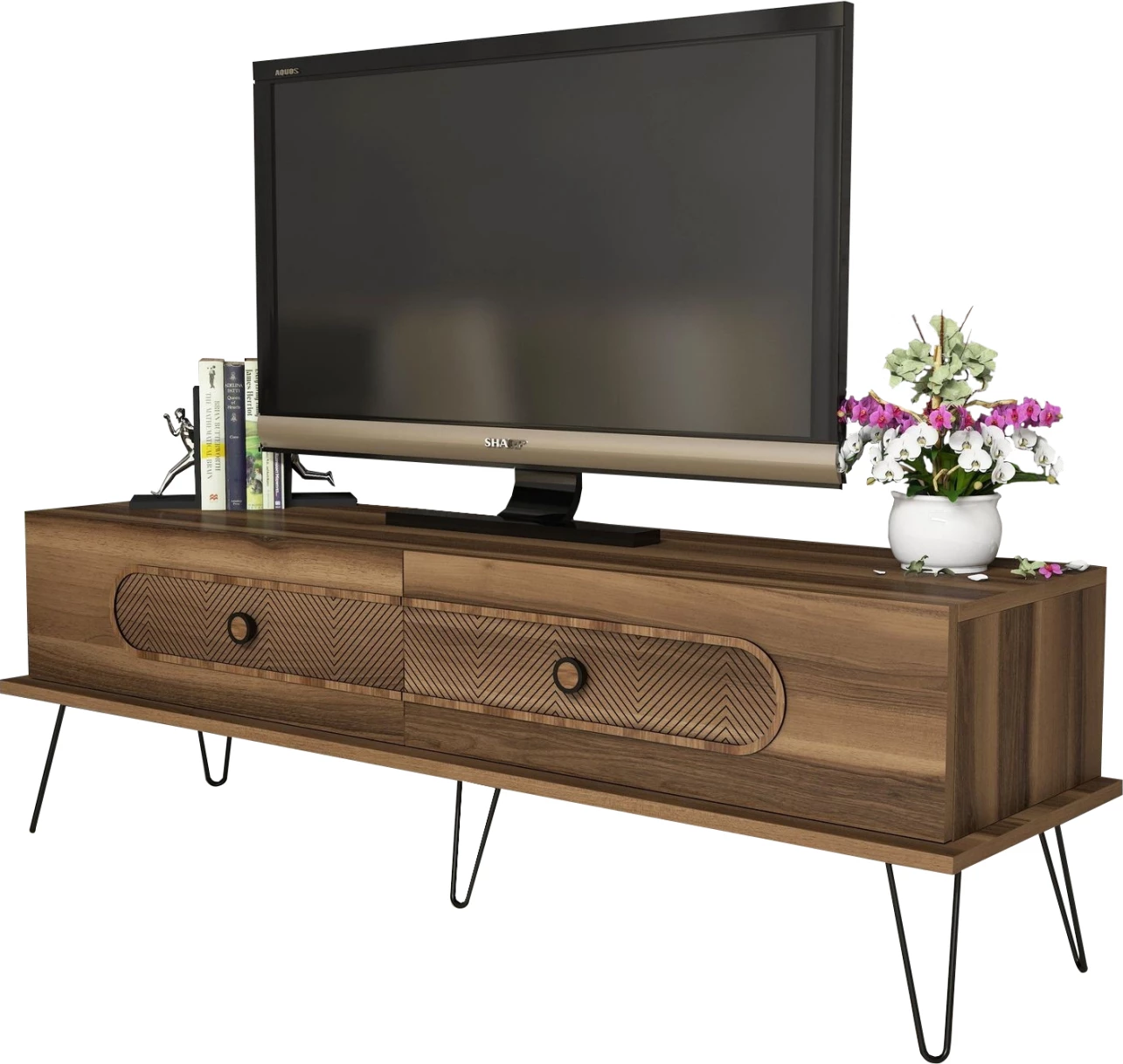 TV stojalo FH9511.03 melamin v barvi oreha kovinske noge 145x40x45Hcm