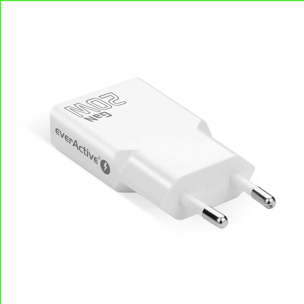 Stenski polnilec GaN super tanek, USB QC 3.0 + USB-C PD 20W, 1x USB-A + 1x USB-C, everActive SC-340Q, bel