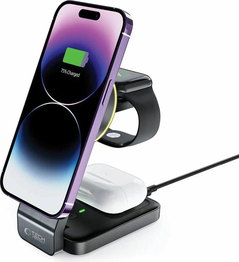 3-v-1 indukcijski polnilec za telefon, Apple Watch in AirPods Tech-Protect QI15W-A28, z MagSafe, črn