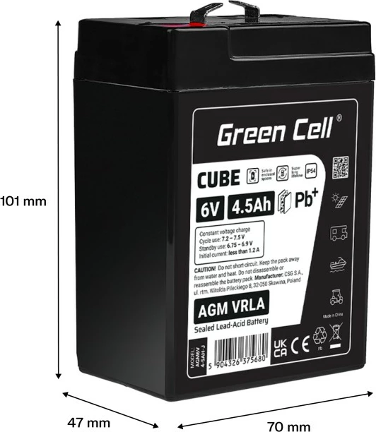 Baterija AGM VRLA, 6V 4,5Ah, IP54, Green Cell AGM6V4-5AH-J, črna