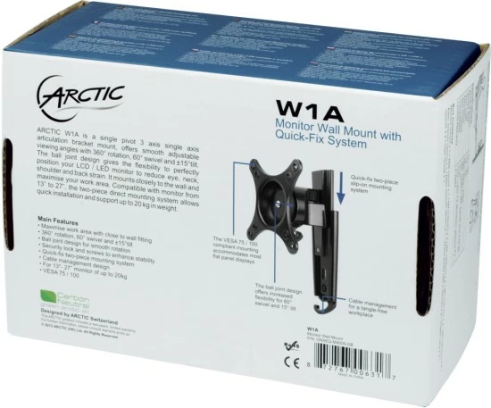 Stenski nosilec za monitor ARCTIC W1A, 20 kg, 33 cm (13"), 109,2 cm (43"), 75 x 75 mm, 100 x 100 mm, črn