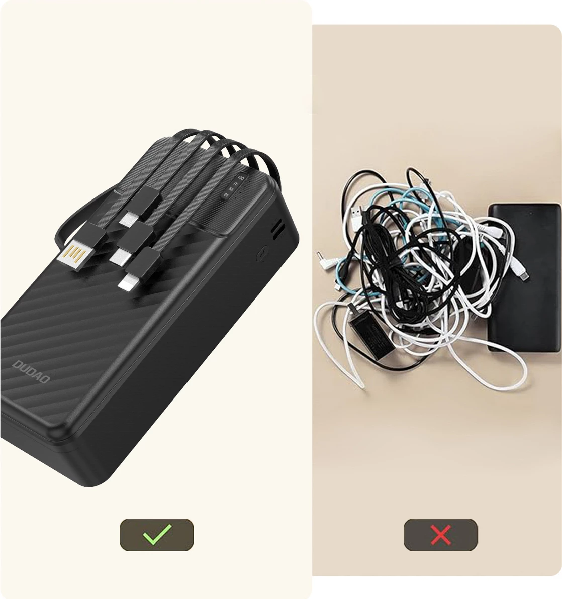 Powerbank Dudao K11 Max, 30000 mAh, z vgrajenimi kabli, črn