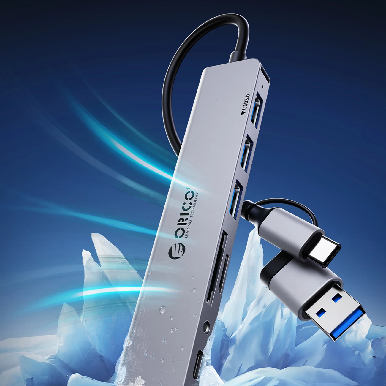 USB hub Orico YSA5-U3, 4 USB vrata (3x USB-A 2.0, 1x USB-A 3.0), 2-v-1 kabel USB-C/USB-A, siva