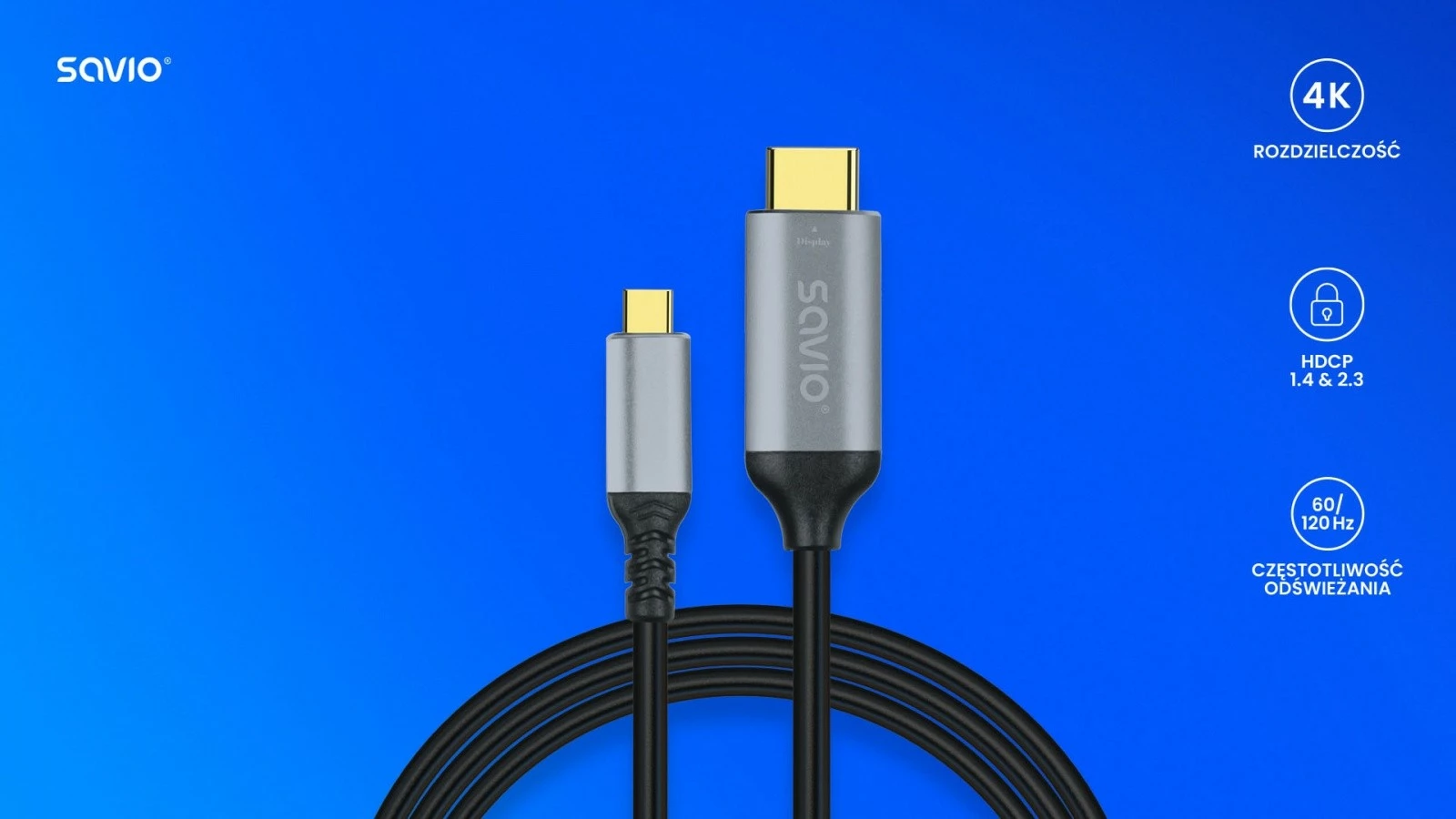 Kabel USB-C na HDMI, 3 m, siv Savio CL-184