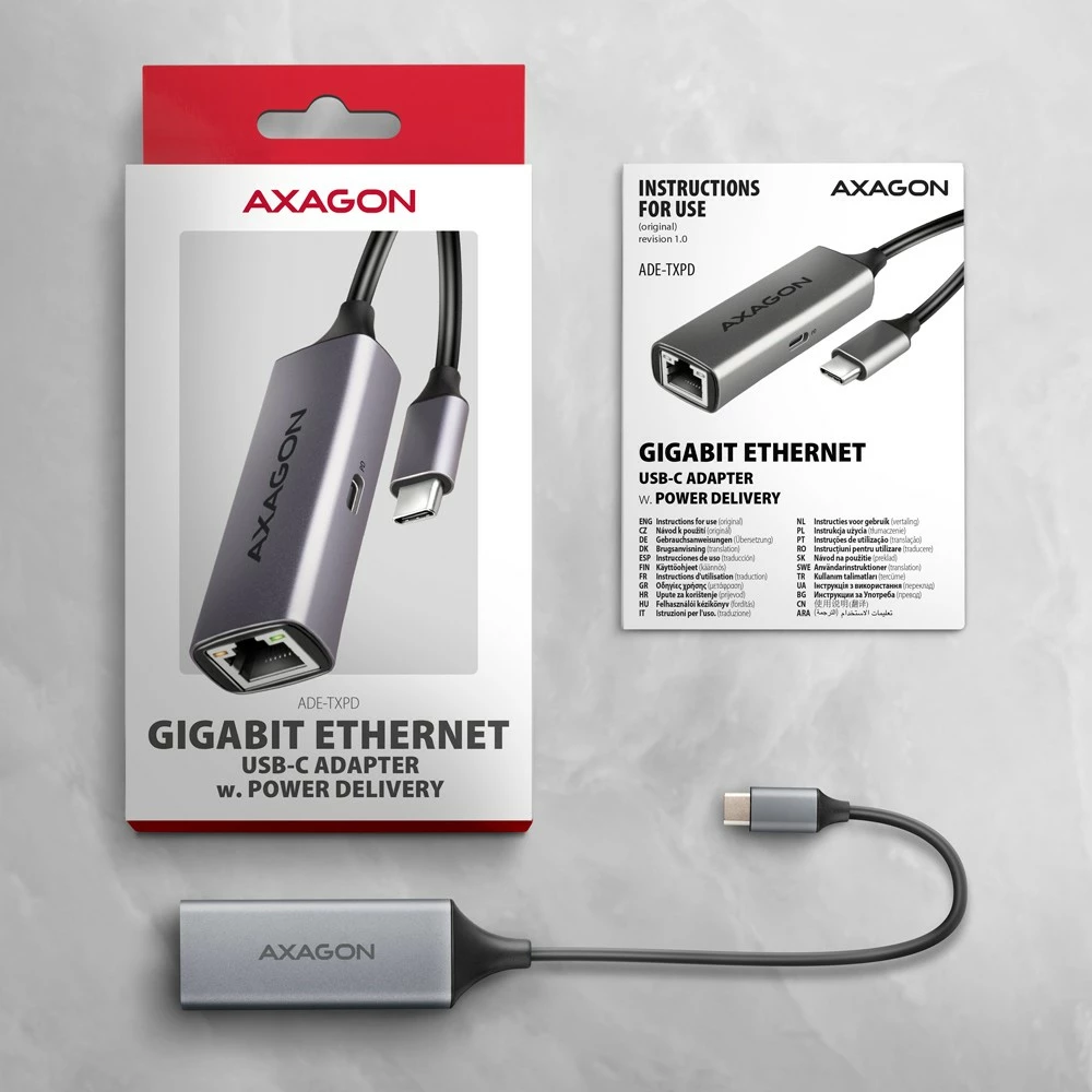 Omrežna kartica AXAGON ADE-TXPD, USB-C 3.2 Gen 1, Gigabit Ethernet, Power Delivery 100W, siva