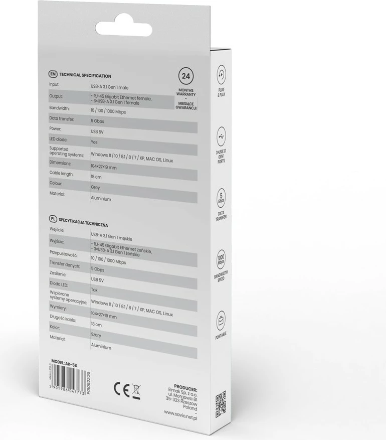 Adapter z 3 vrati USB-A 3.1 Gen 1 in RJ-45 Gigabit Ethernet, Savio AK-58, temno siv