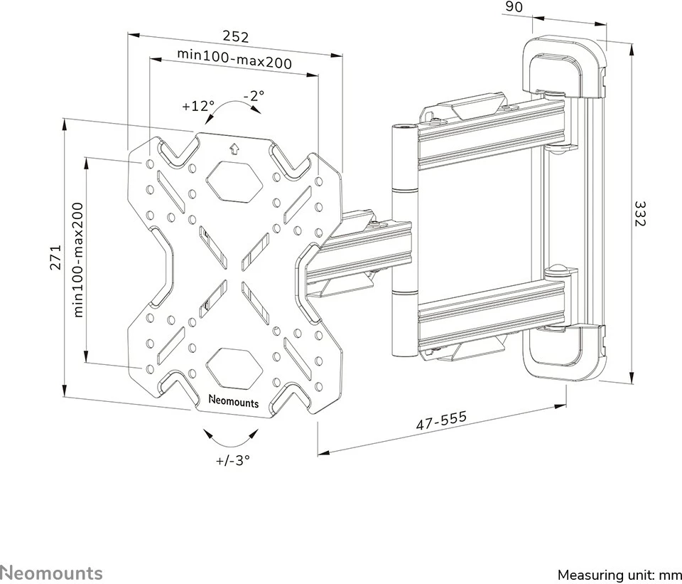 Stenski nosilec za zaslone do 55", Neomounts WL40S-850BL12, 100 x 100 mm - 200 x 200 mm, jeklo, črn