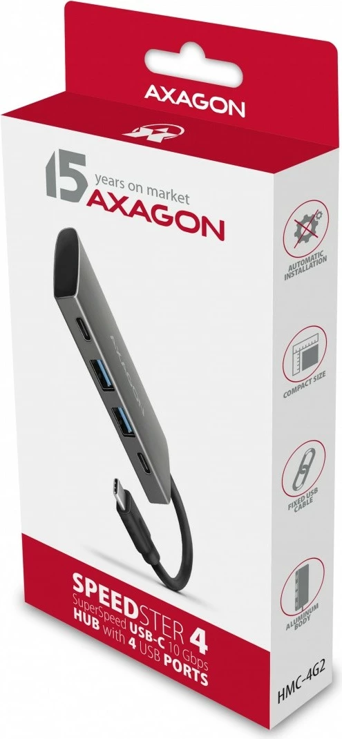 Razdelilec USB AXAGON HMC-4G2, 4 vrata (2x USB-A, 2x USB-C), USB 3.2 Gen 2, kabel USB-C 13 cm, črno/siv
