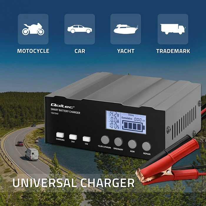 Pameten polnilec baterije Qoltec 52491, 12 V/12.6 V/24 V, funkcija obnove, LCD, črn