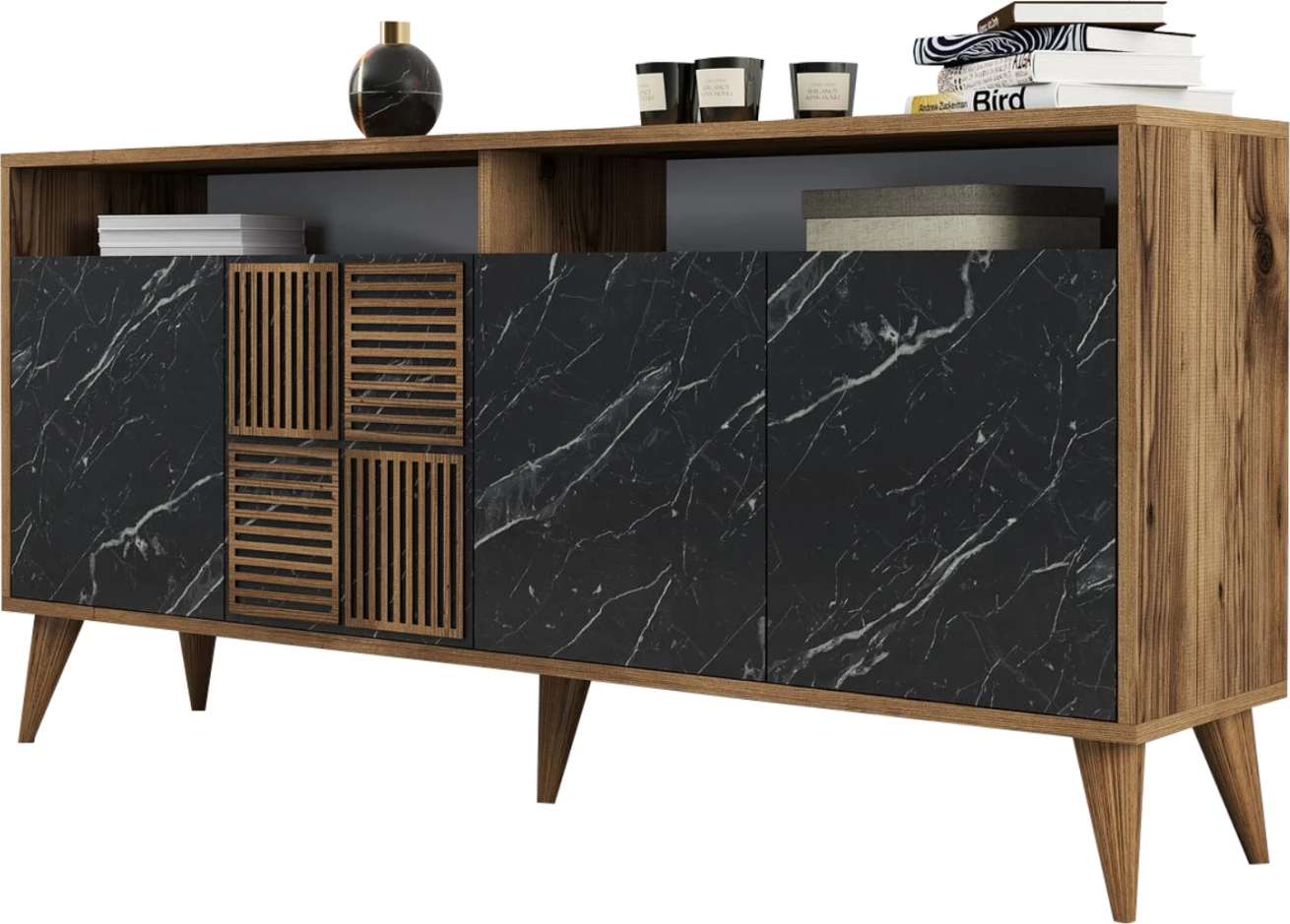 Bife iz melamina FH9506.02 oreh z vrati v videzu črnega marmorja 160x35x78Hcm