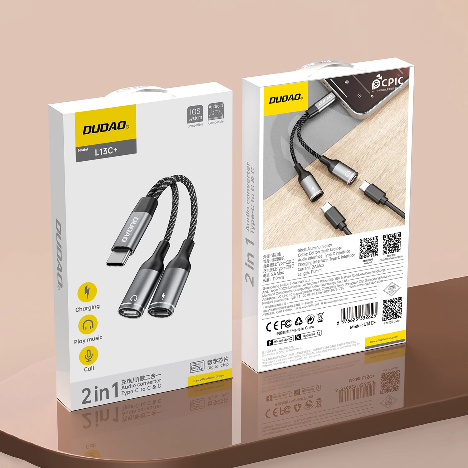 Adapter USB-C 2-v-1, Dudao L13C+, 1,2 m, siv