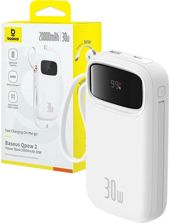 Prenosna baterija Baseus QPow 2, 20000 mAh, 30 W, 2x USB-C, bela