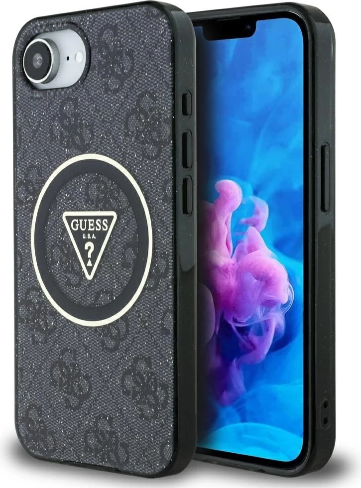 Ovitek za telefon z IML metalnim bleščicami 4G Circle Triangle, MagSafe, Guess za iPhone 16e, črn