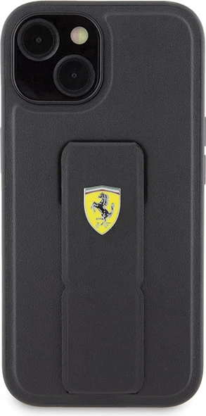 Držalo-ščitnik s kovinskim logotipom Ferrari za iPhone 15, črn