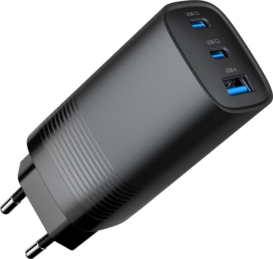 Hitri polnilec 3‑portni, 65 W, GaN, USB Power Delivery, GEMBIRD TA-UC-PDQC65-01-BK, črn